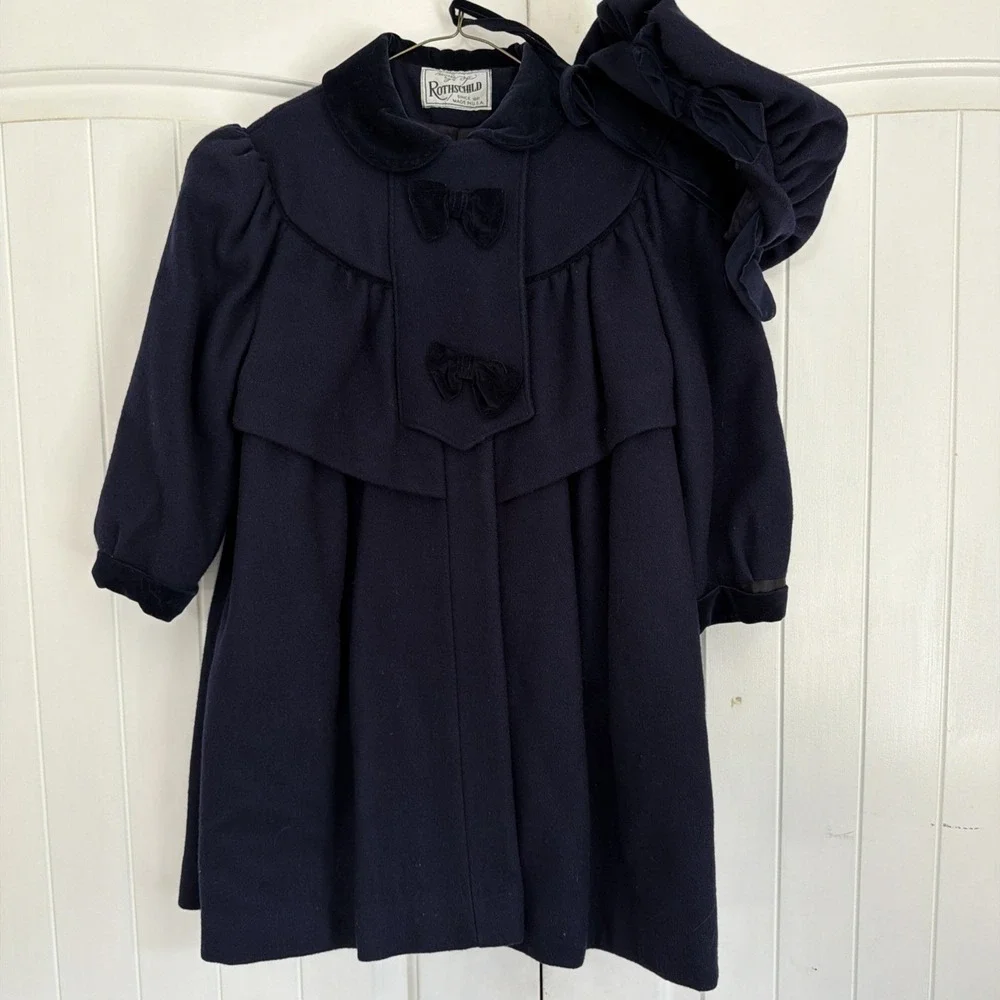 Vtg Rothschild Wool Coat Girl Sz 6 Navy Velvet Bow Matching Hat Warm Stunning